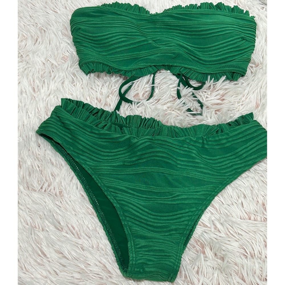 Zaful Bikini Set Women Small Green Ruffle Bandeau Lace Up Textured Swimsuit US 4